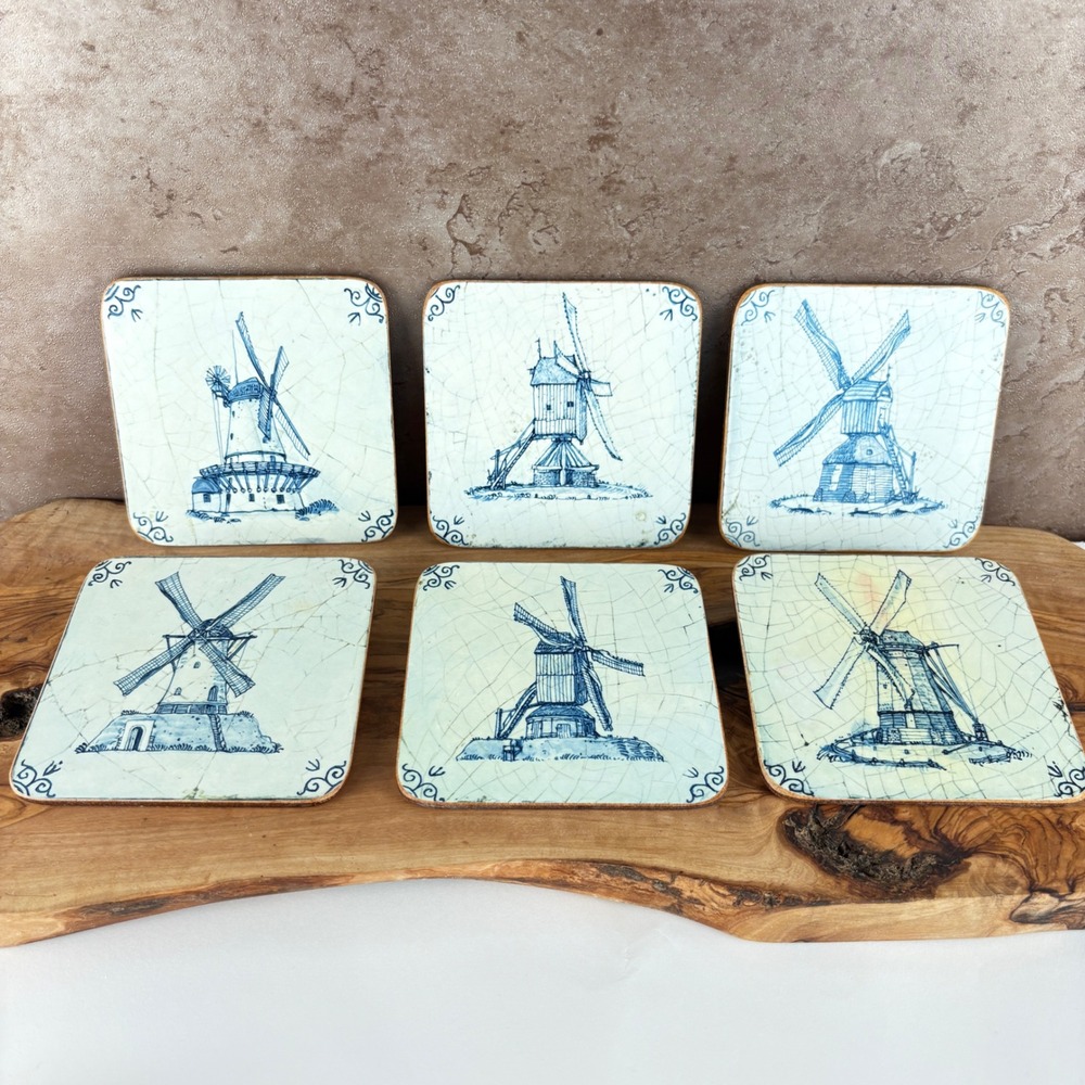 Vintage Pimpernel Windmill Acrylic Coasters Set of 6 Blue White Delft Style UK - Picture 2 of 13
